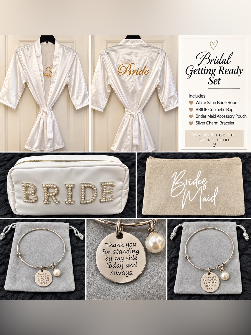 Bride White Satin Robe- Bride Make-Up Bag,bridesmaid bracelet and zippy pouch.